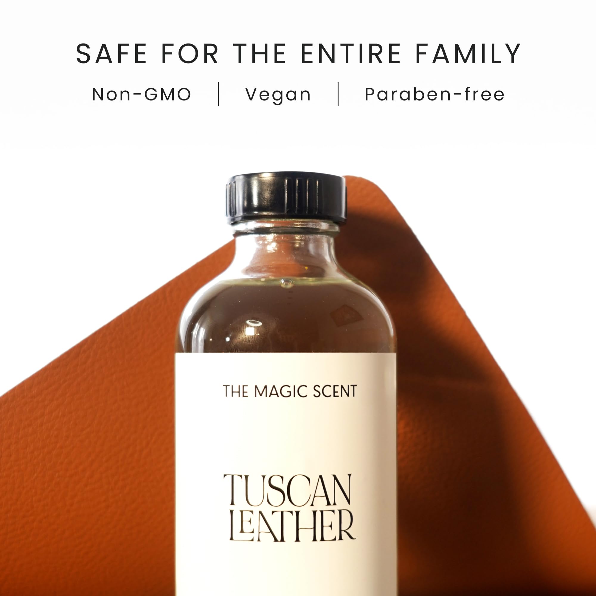 Close-up of the Tuscan Leather diffuser oil bottle label