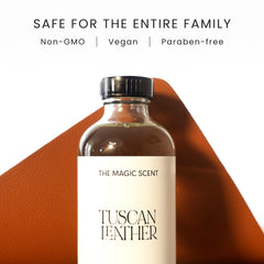 Close-up of the Tuscan Leather diffuser oil bottle label