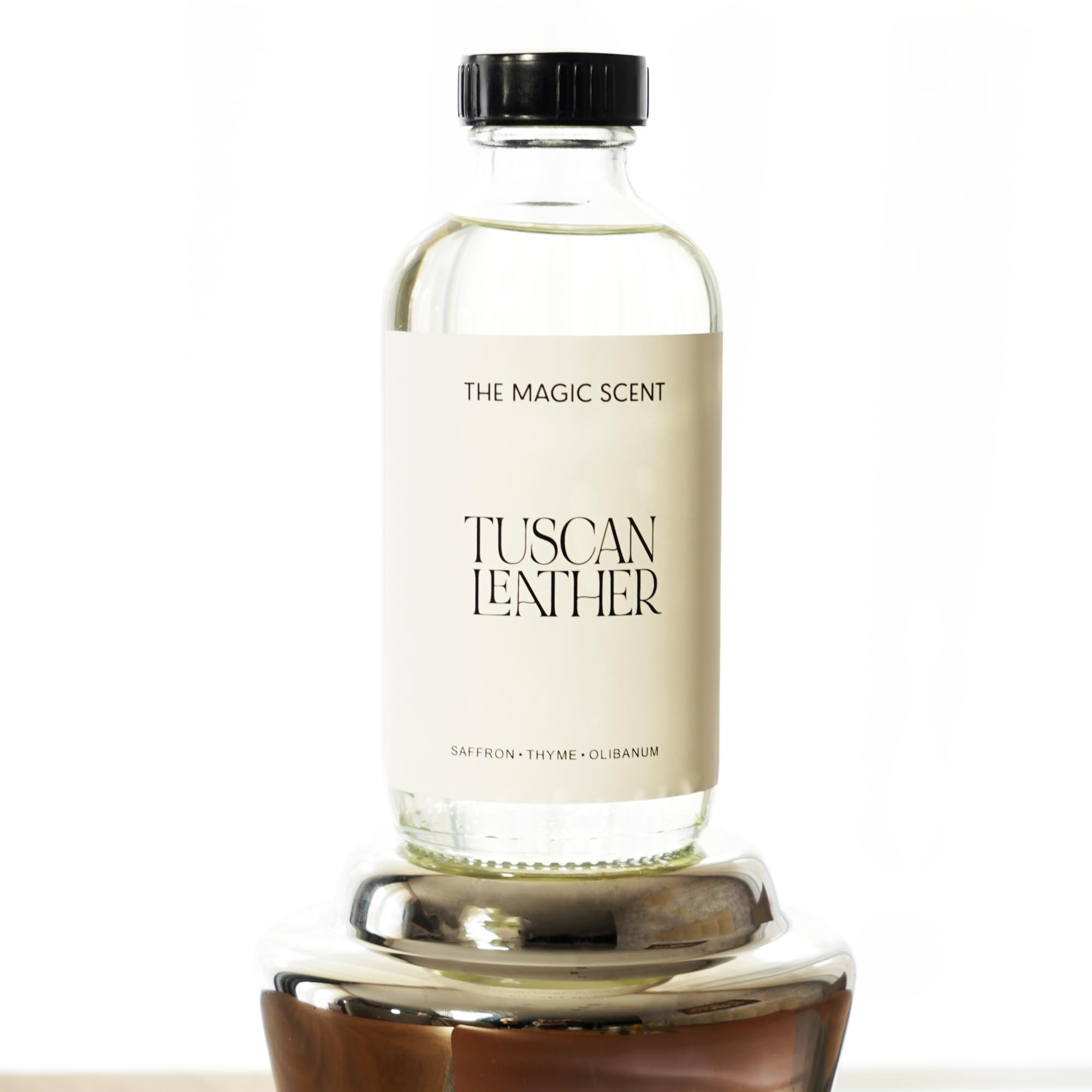 Elegant gift-ready The Magic Scent Tuscan Leather diffuser oil bottle