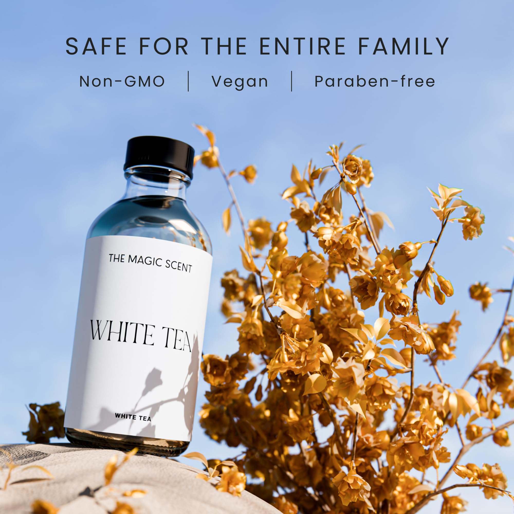 Close-up of The Magic Scent White Tea Diffuser Oil bottle showing label