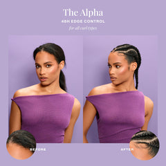 The Mane Choice The Alpha 48H Edge Control on damp hair for defined, frizz-free edges.