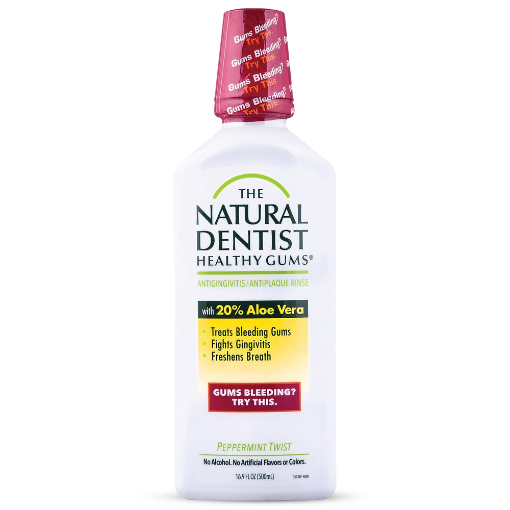 The Natural Dentist Healthy Gums Rinse bottle with Peppermint Twist label