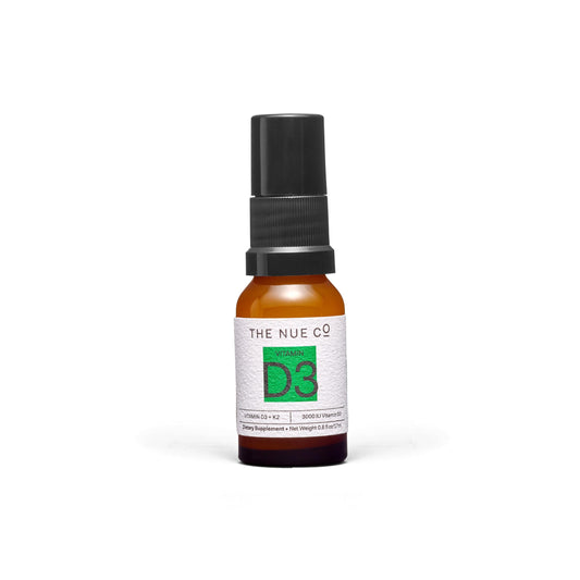 The Nue Co Vitamin D Spray hero image with bottle and packaging on white background