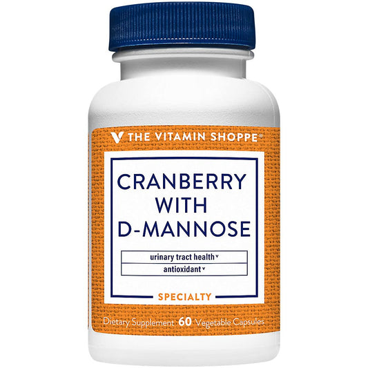 Close-up of Cranberry concentrate and D-Mannose on package