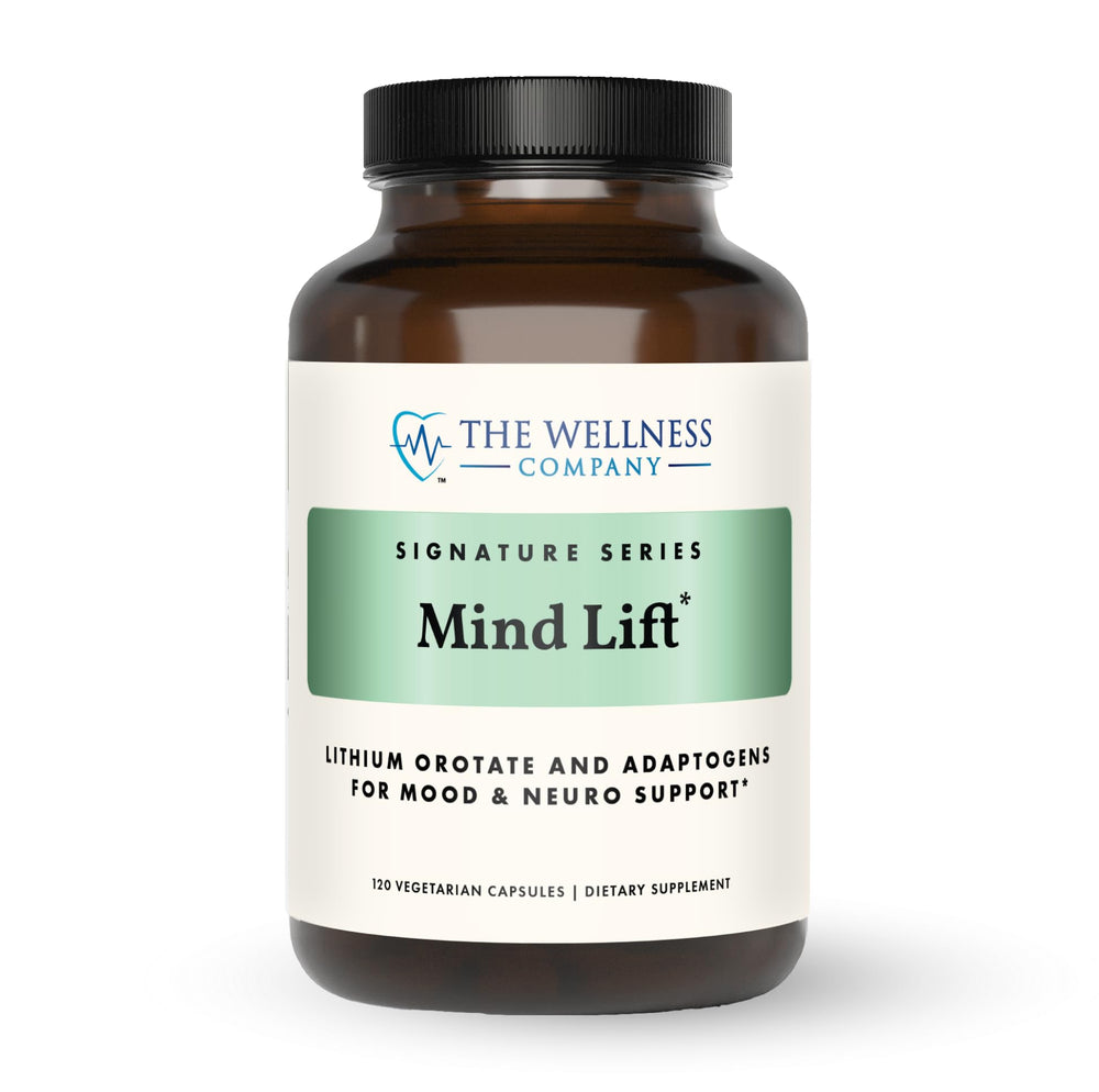 The Wellness Company Mind Lift bottle with capsules for mood support and focus.