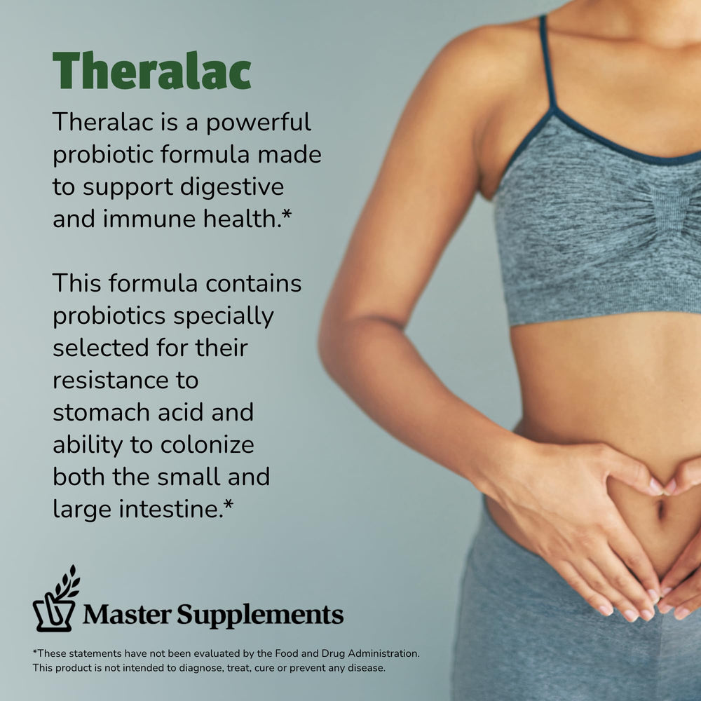 Theralac bottle side view emphasizes compact packaging for on-the-go use