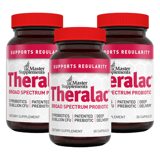 Front view of Theralac bottle showing 30 capsules in a 3-pack