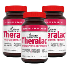 Front view of Theralac bottle showing 30 capsules in a 3-pack