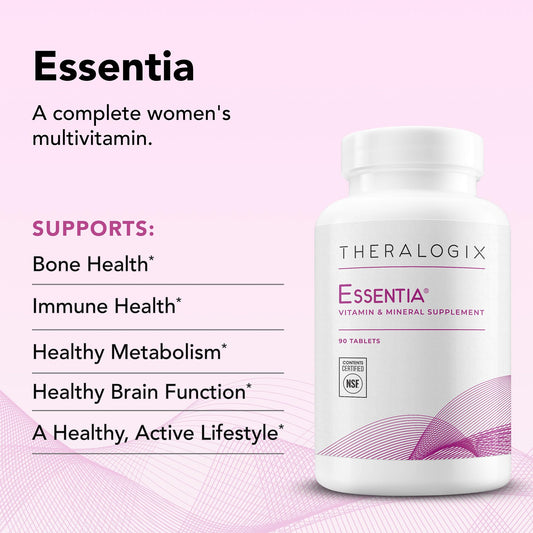 Bottle highlighting immune health and bone health benefits for women