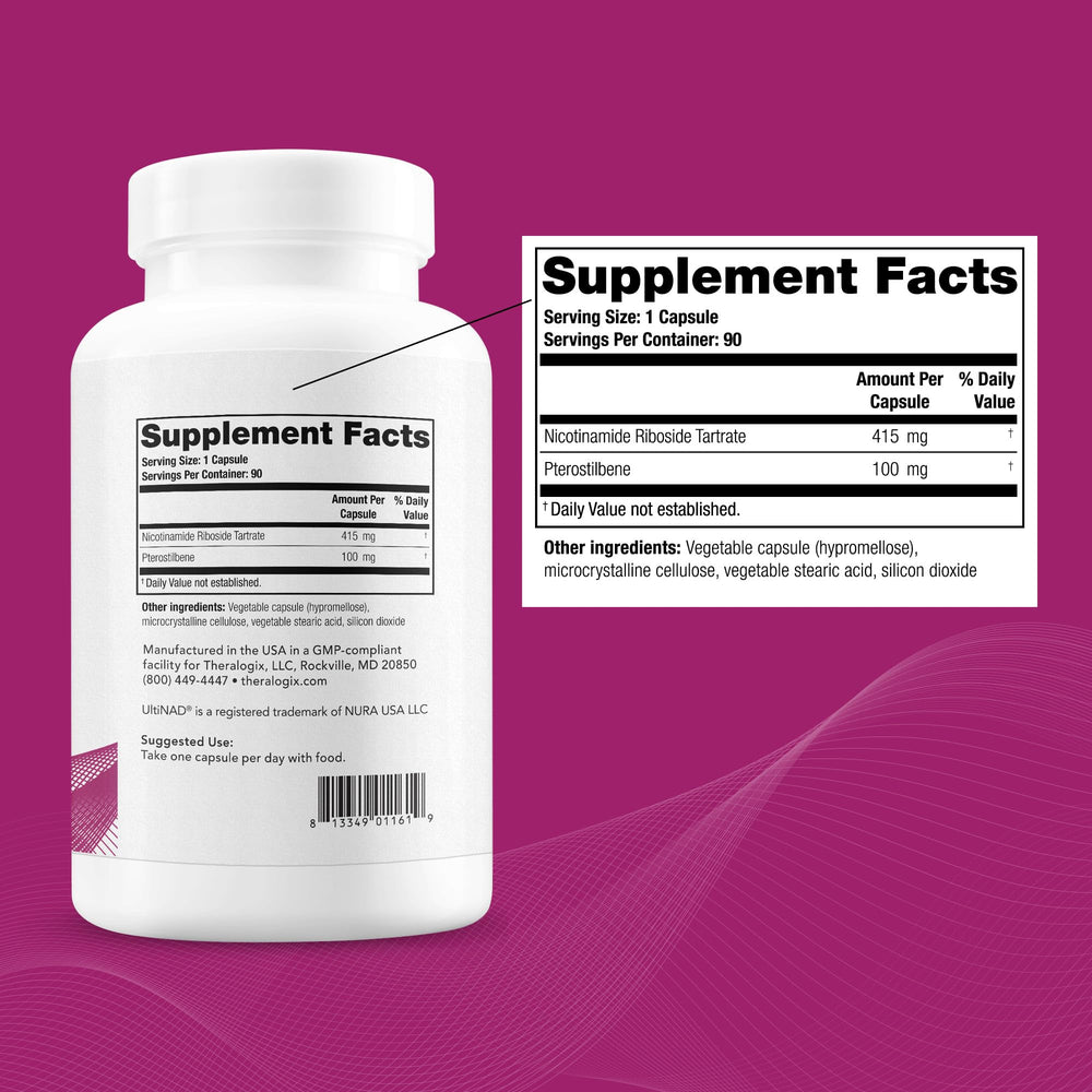 Theralogix OvaNAD+ bottle back label with ingredients and vegan formula.