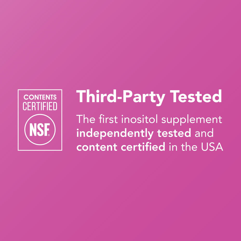 Label showing dosage: 4000 mg myo-inositol and 100 mg D-chiro inositol per day