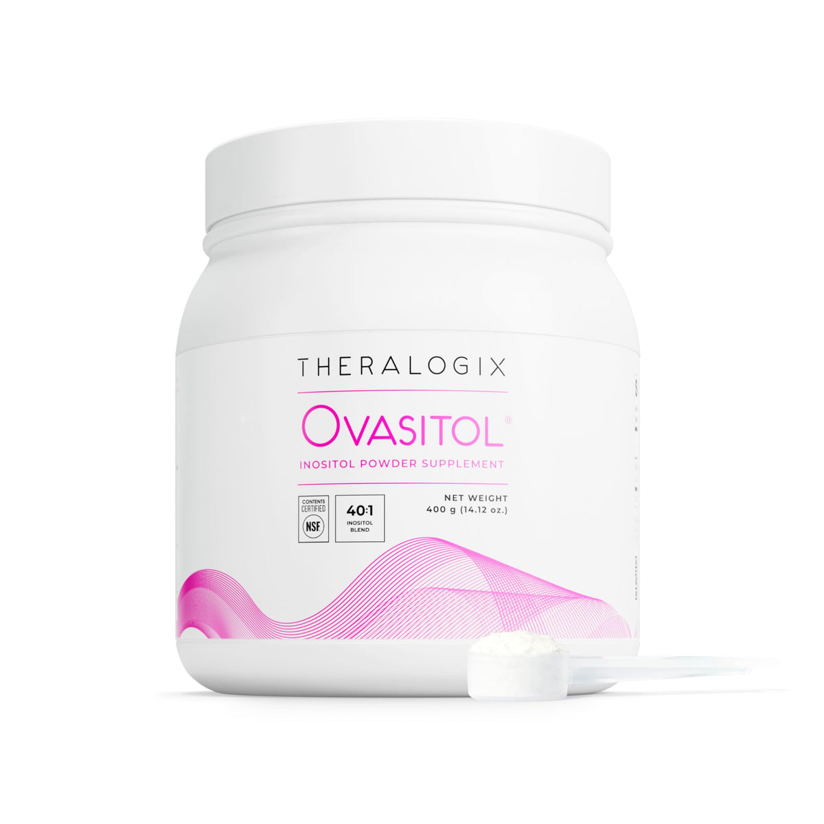 Front view of Theralogix Ovasitol Inositol Powder 400 g canister
