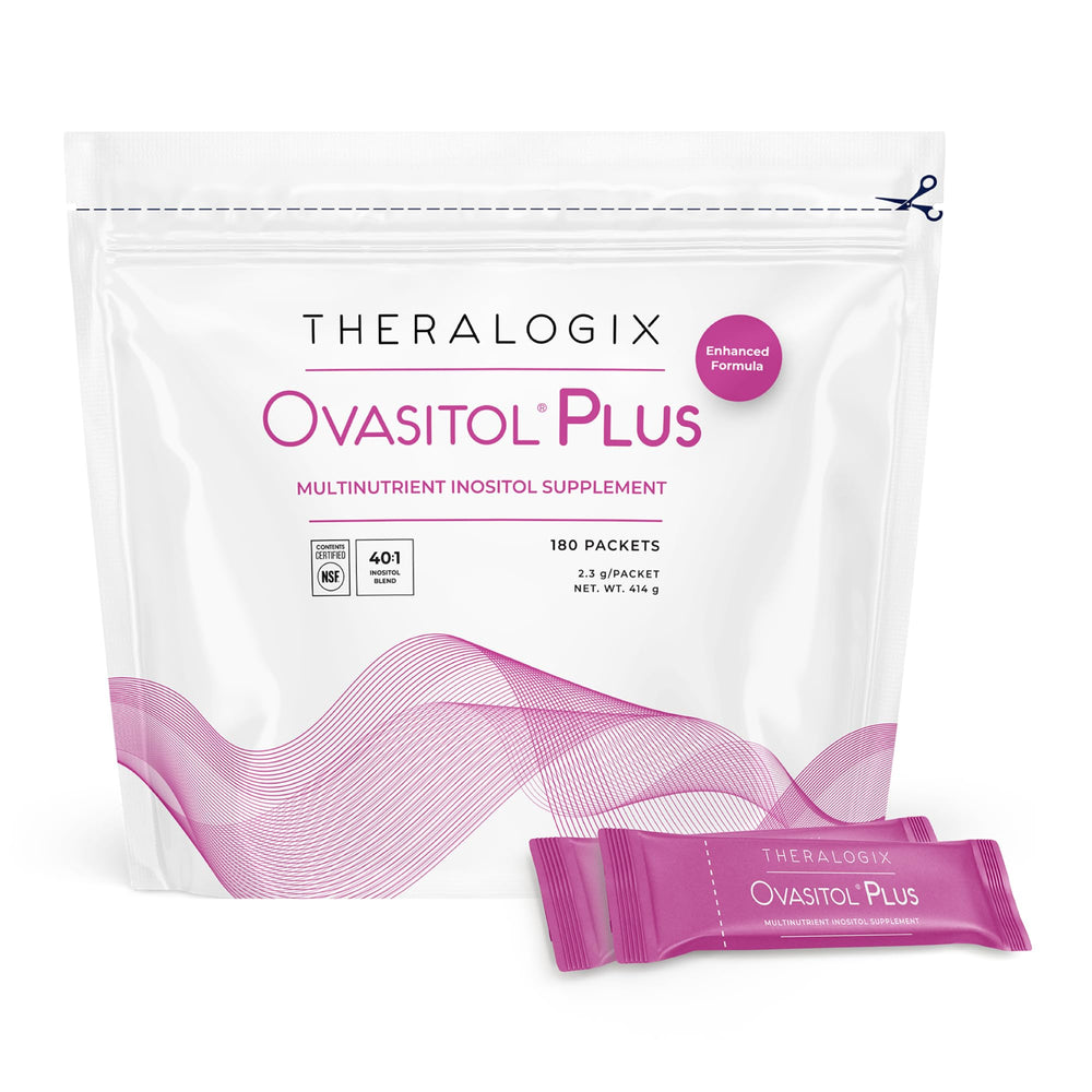 Theralogix Ovasitol Plus bottle pouring capsules for daily metabolic support.