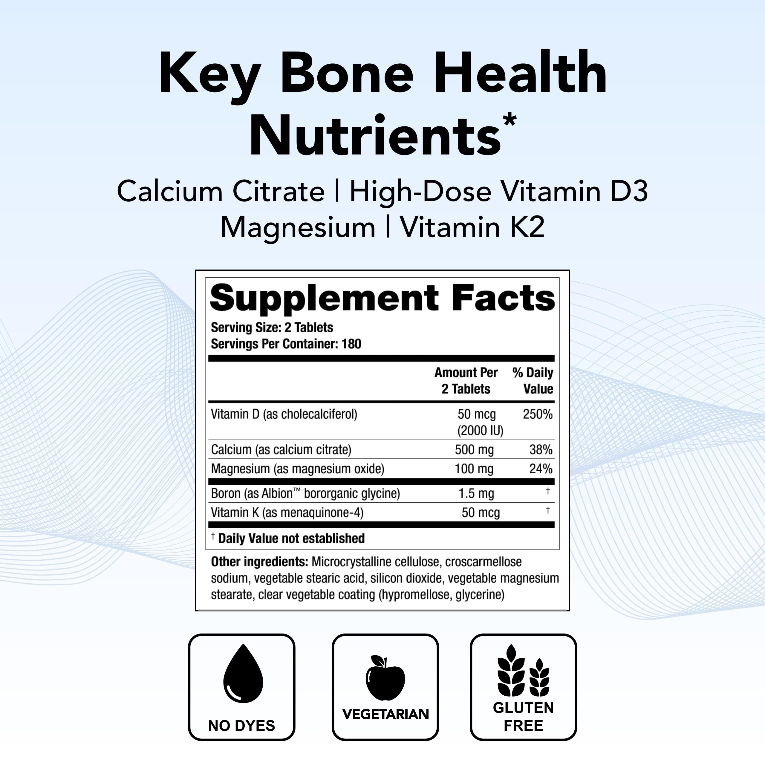 Bone health nutrients including vitamin D3, vitamin K2, magnesium, and boron