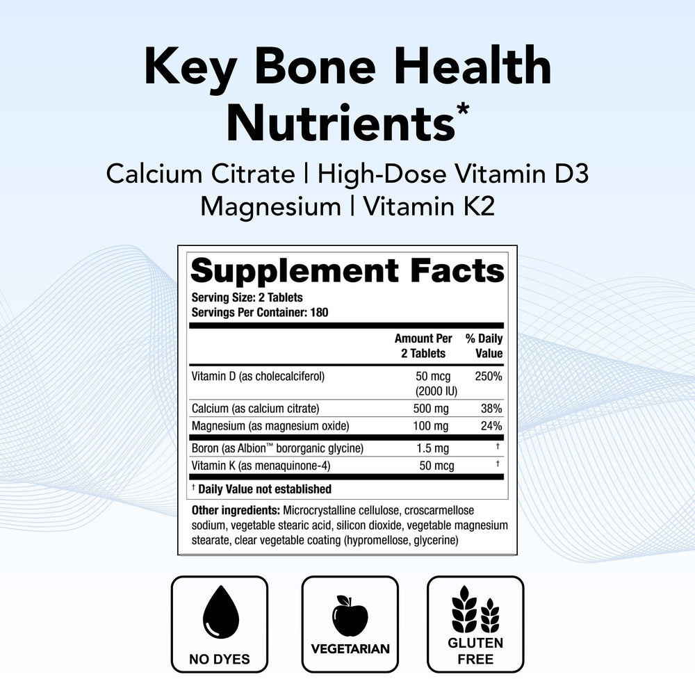 Bone health nutrients including vitamin D3, vitamin K2, magnesium, and boron