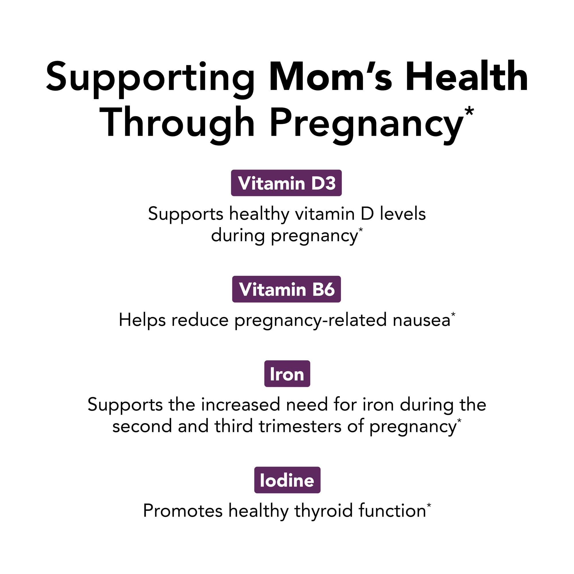 Key nutrients listed: DHA, Vitamin D3, Folate, Choline, Iodine, Iron