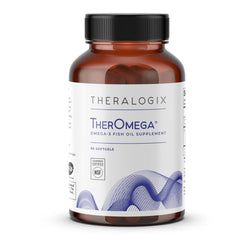 TherOmega by Theralogix bottle-pour shows easy daily dosing for heart and brain support.
