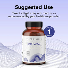 TherOmega dha-epa-amount image emphasizes 300 mg DHA and 400 mg EPA per softgel.