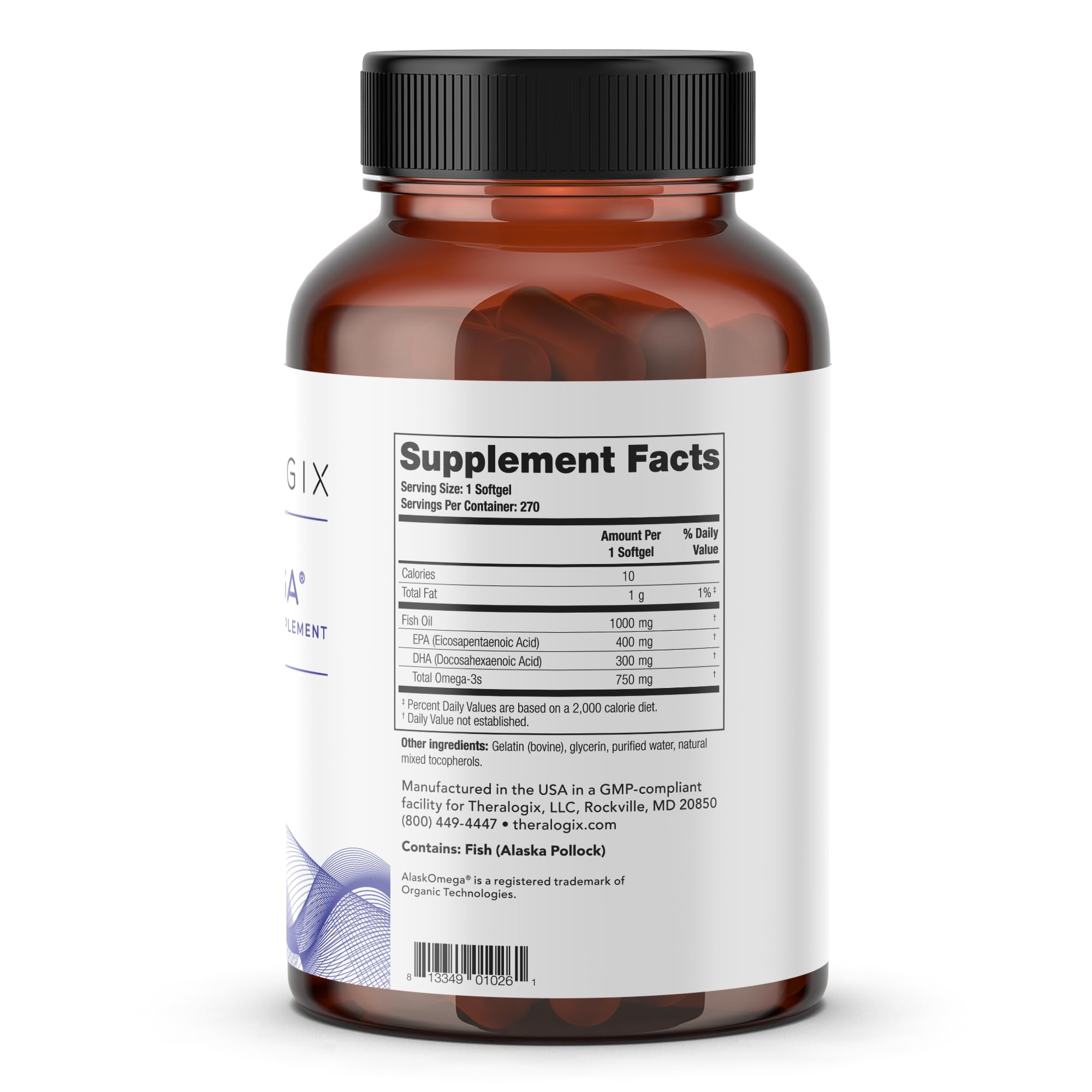 TherOmega product label detailing DHA and EPA amounts and serving size