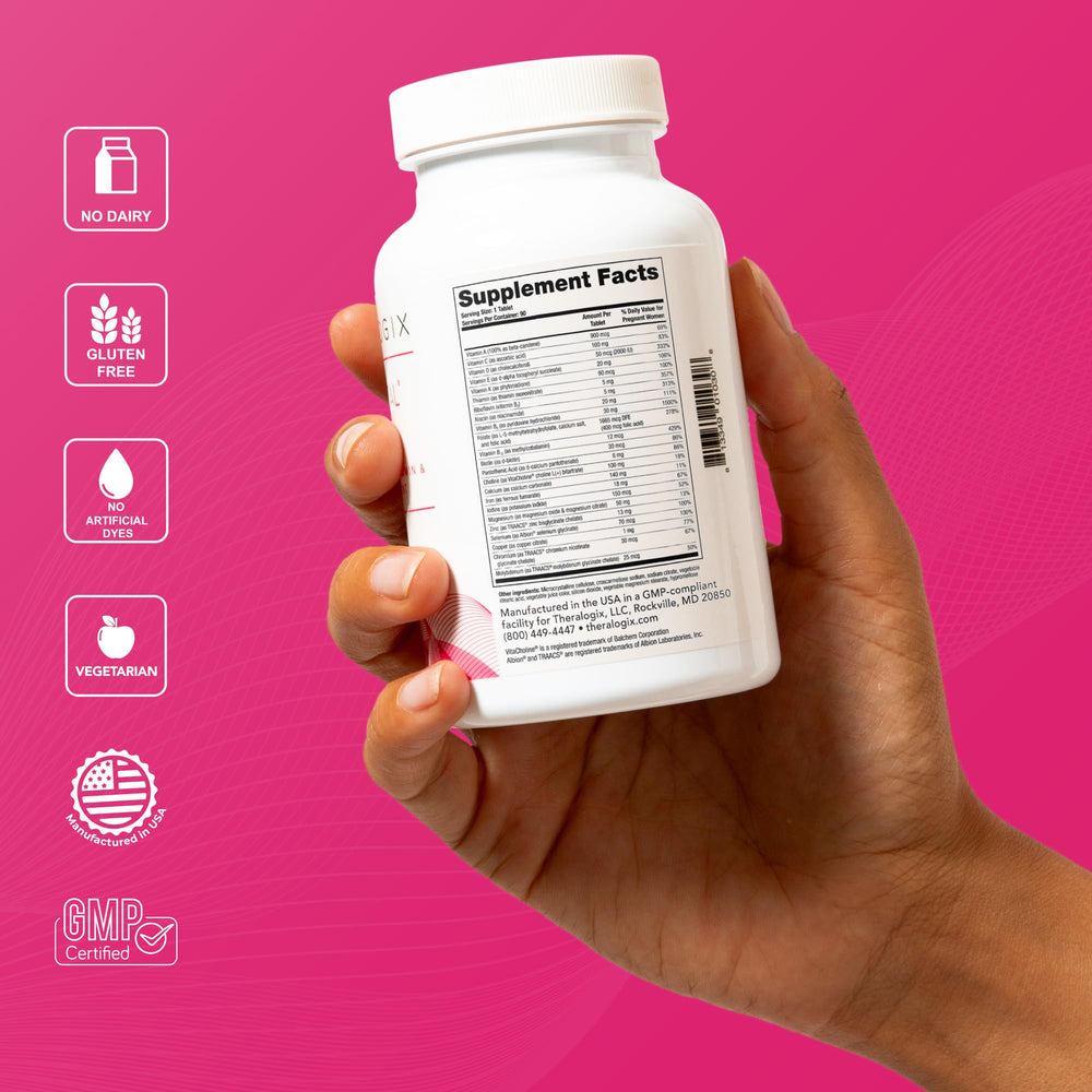 Front view of TheraNatal Core bottle with 90 tablets