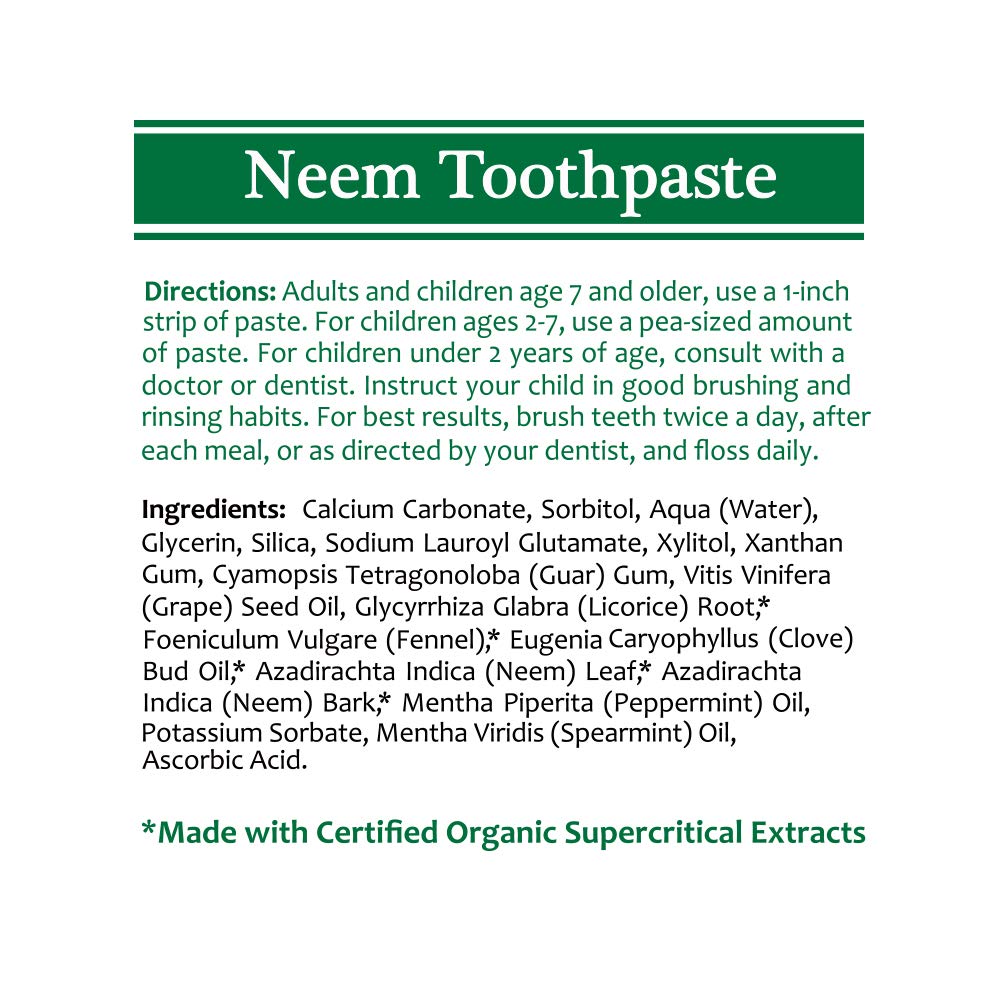 Back label of TheraNeem Neem Toothpaste with ingredients