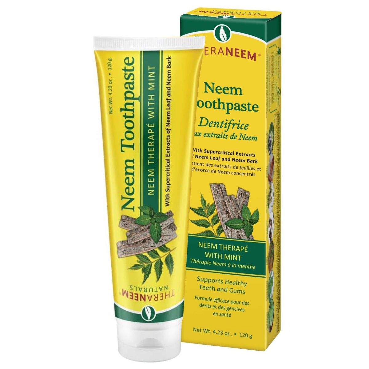 Front view of TheraNeem Neem Toothpaste in 4.23 oz pack