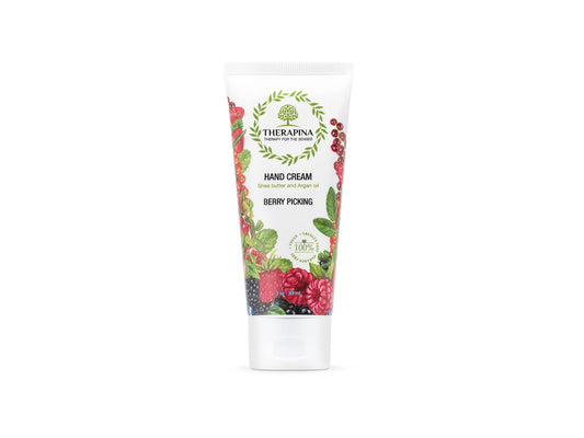 THERAPINA Berry-Picking aroma hand cream in a travel-size container for on-the-go moisture