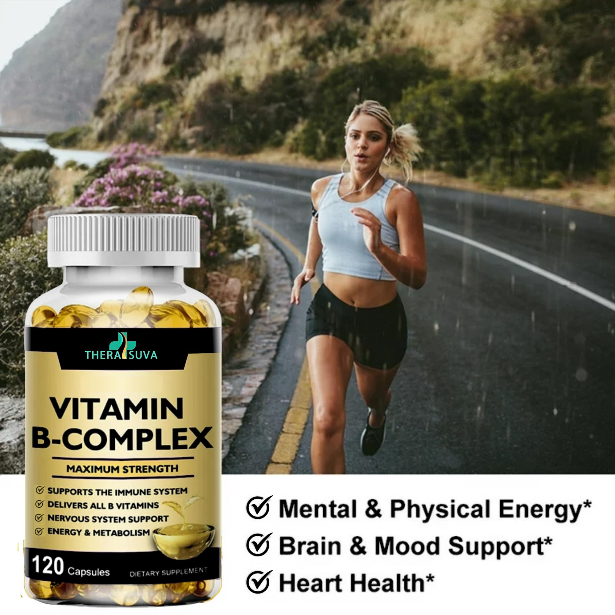 Packaging of TheraSuva Vitamin B-Complex + CoQ10 + Vitamin C 120 softgels