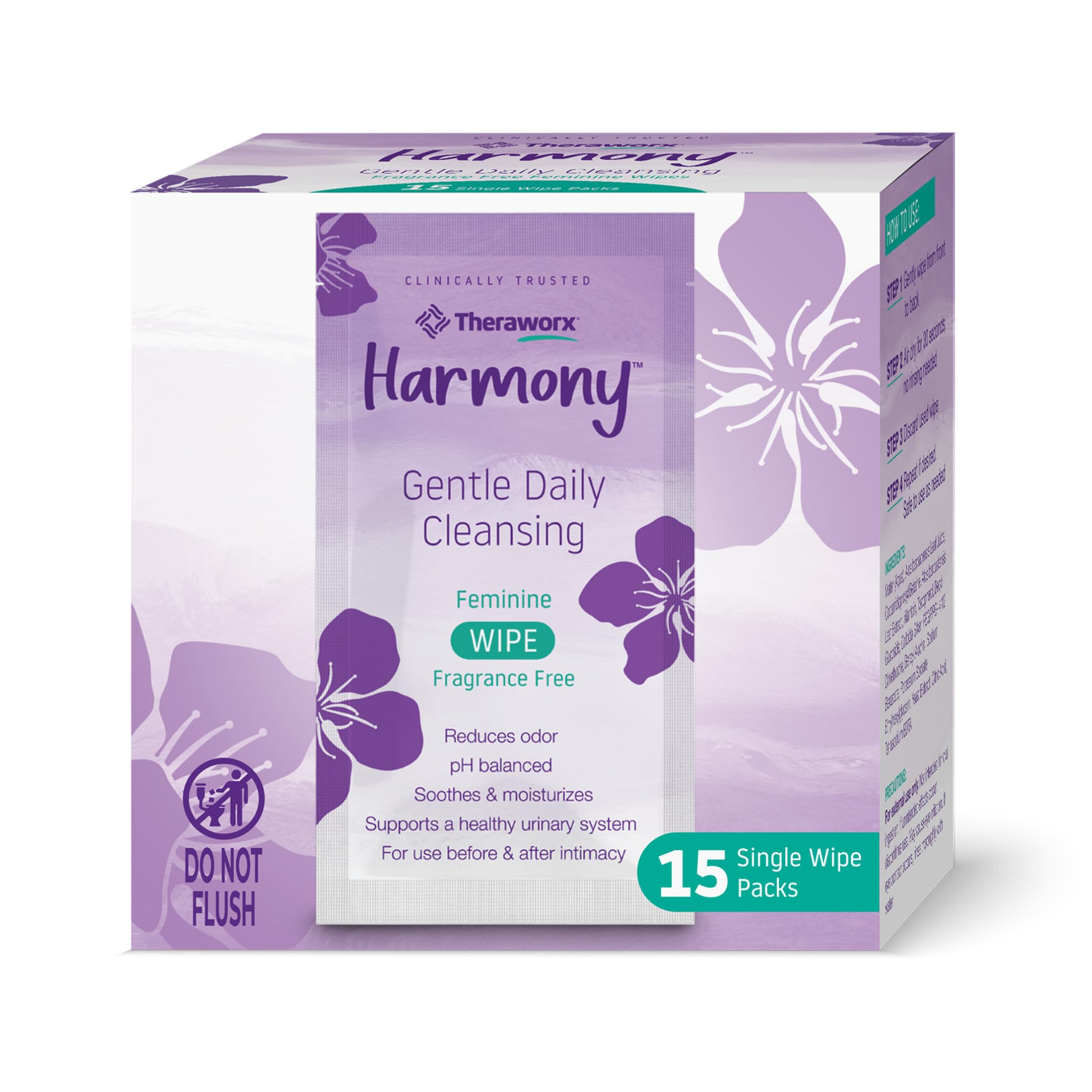 Theraworx Harmony fragrance-free wipes in packaging for convenient daily cleansing