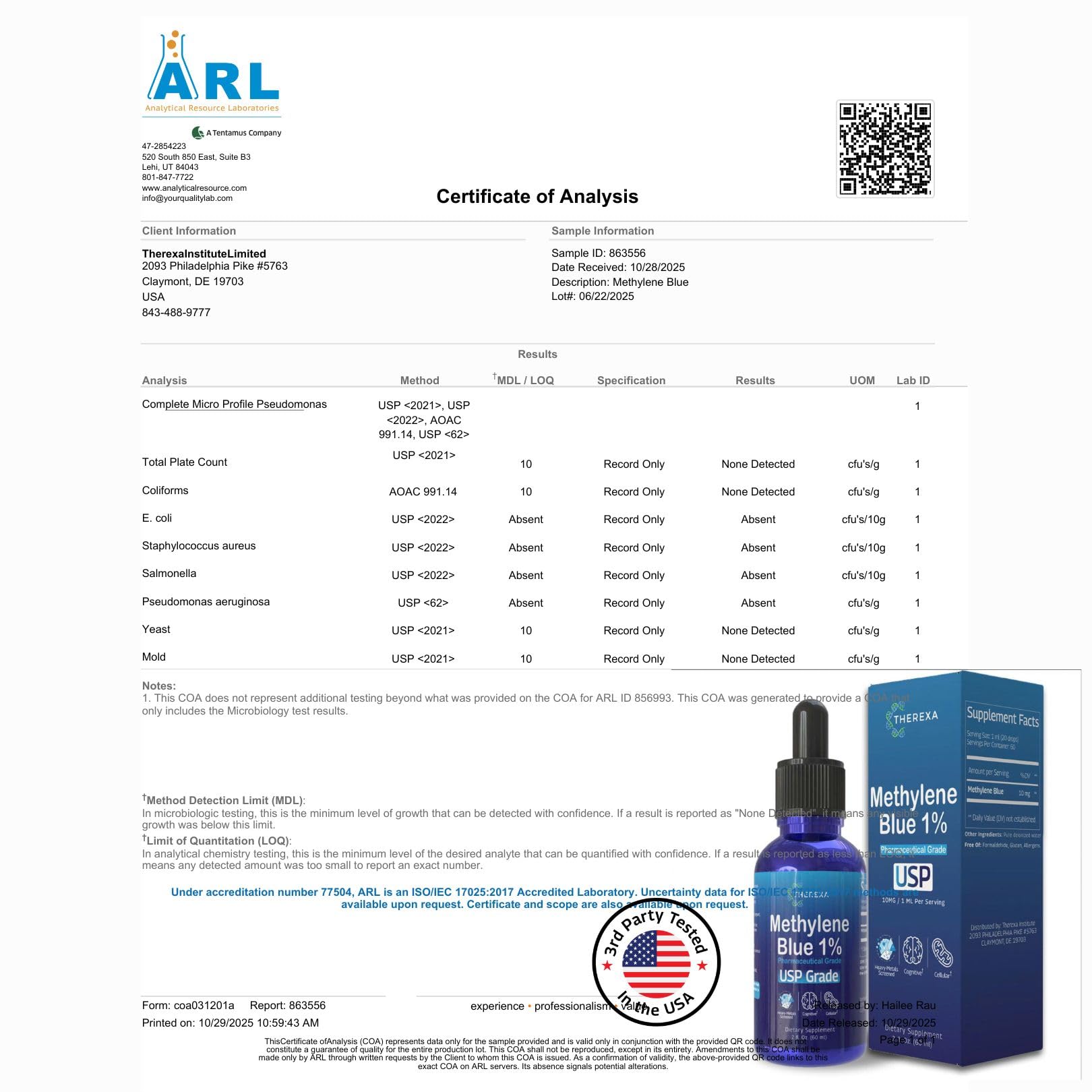 Close-up of bottle label showing USP grade methylene blue