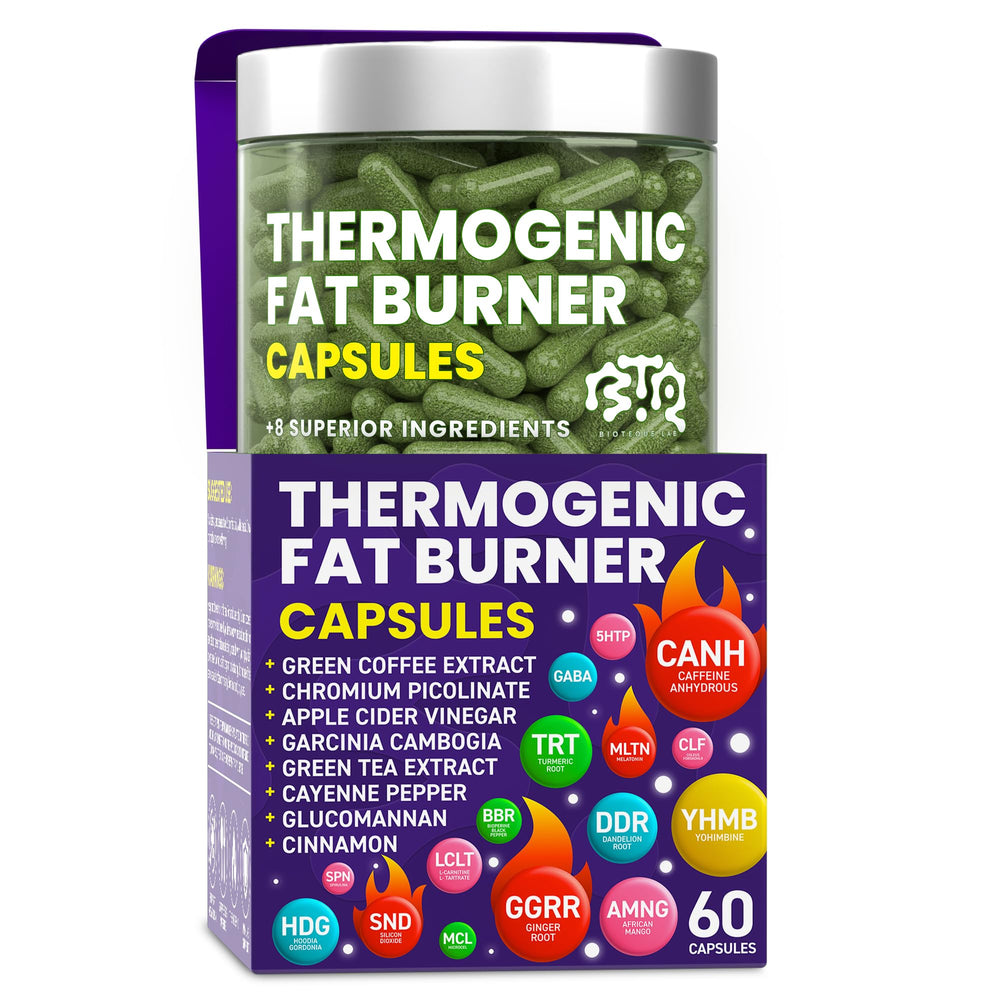 Bottle of Thermogenic Fat Burner Capsules with green tea and garcinia cambogia ingredients