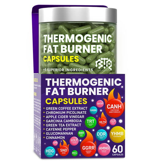 Bottle of Thermogenic Fat Burner Capsules with green tea and garcinia cambogia ingredients