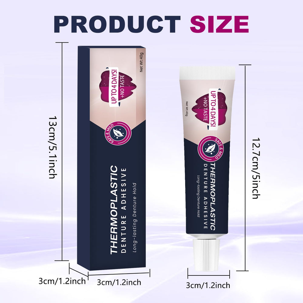 Upper and lower dentures securely held with adhesive
