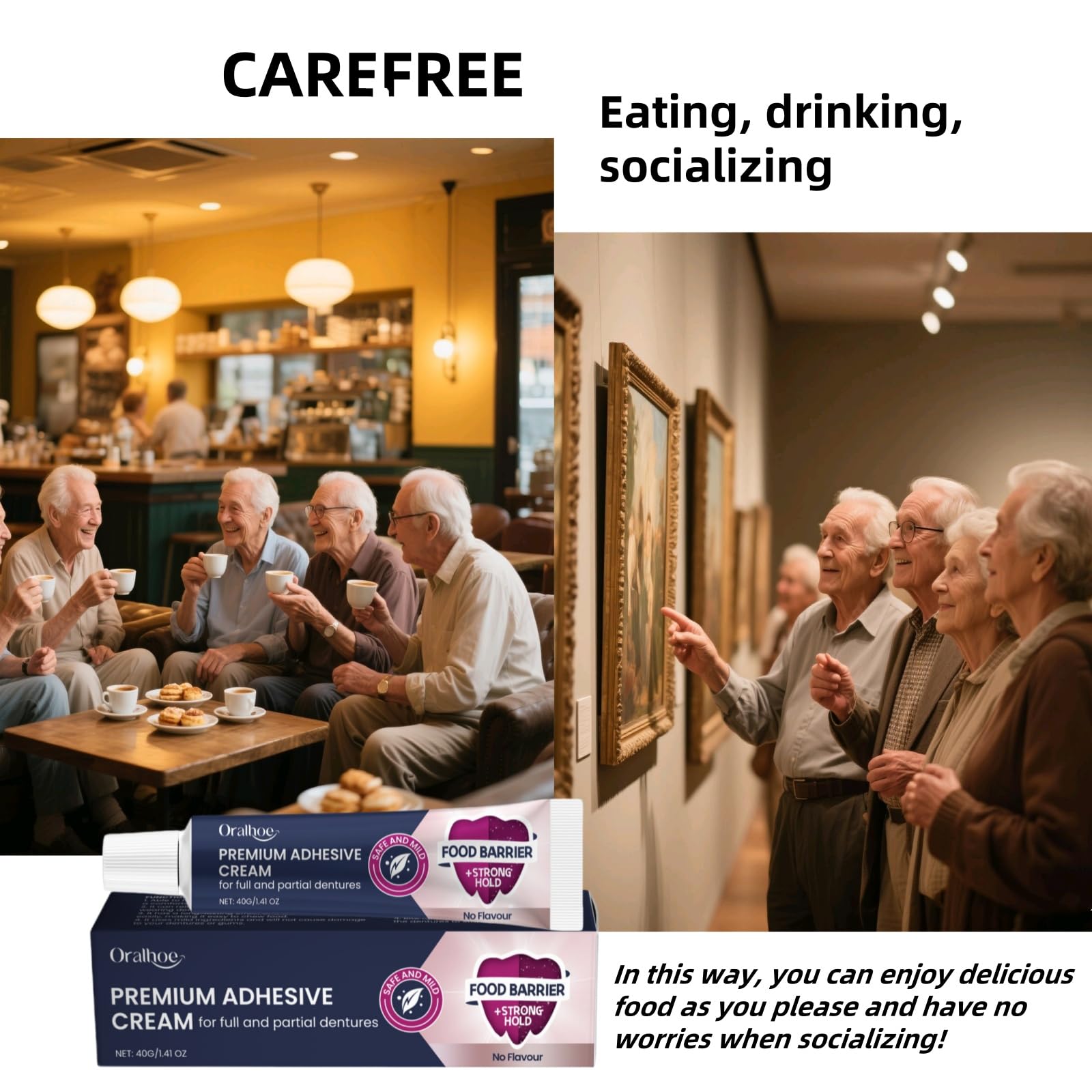 Denture securely bonded, wearer smiling