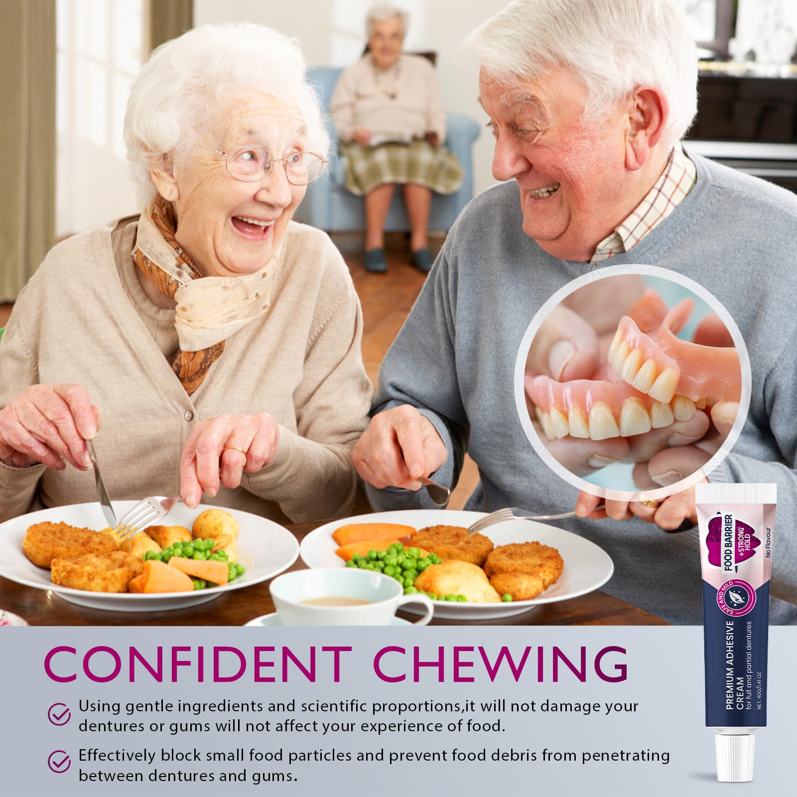 Illustration showing cushion grip cushioning between denture and gums