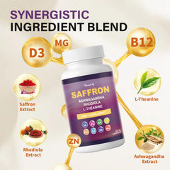 Ingredients panel with saffron, Ashwagandha and Rhodiola