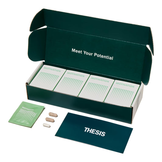 Thesis Motivation bottle and box displaying 24-serving nootropic