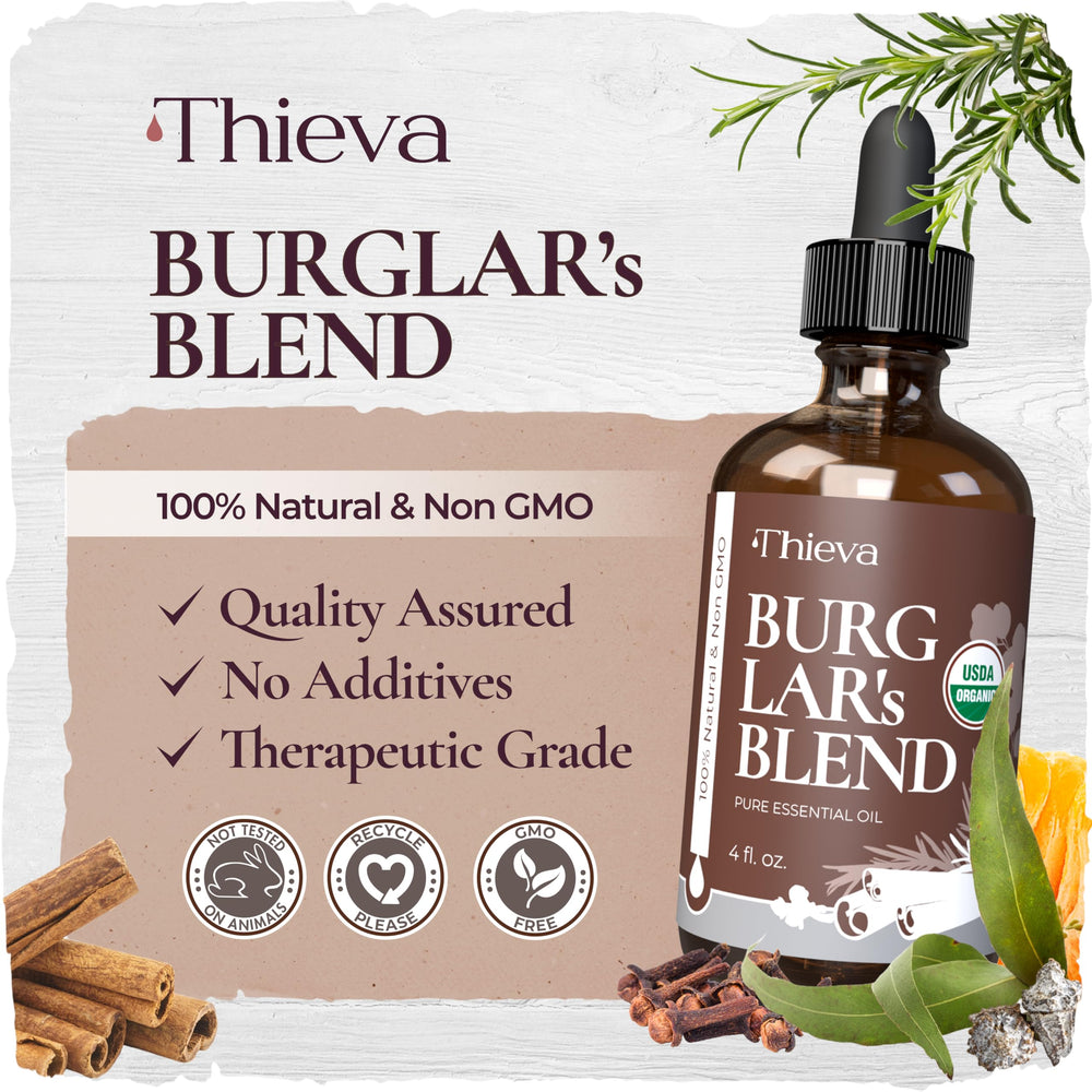 Close-up of THIEVA Immunity Essential Oil Blend label
