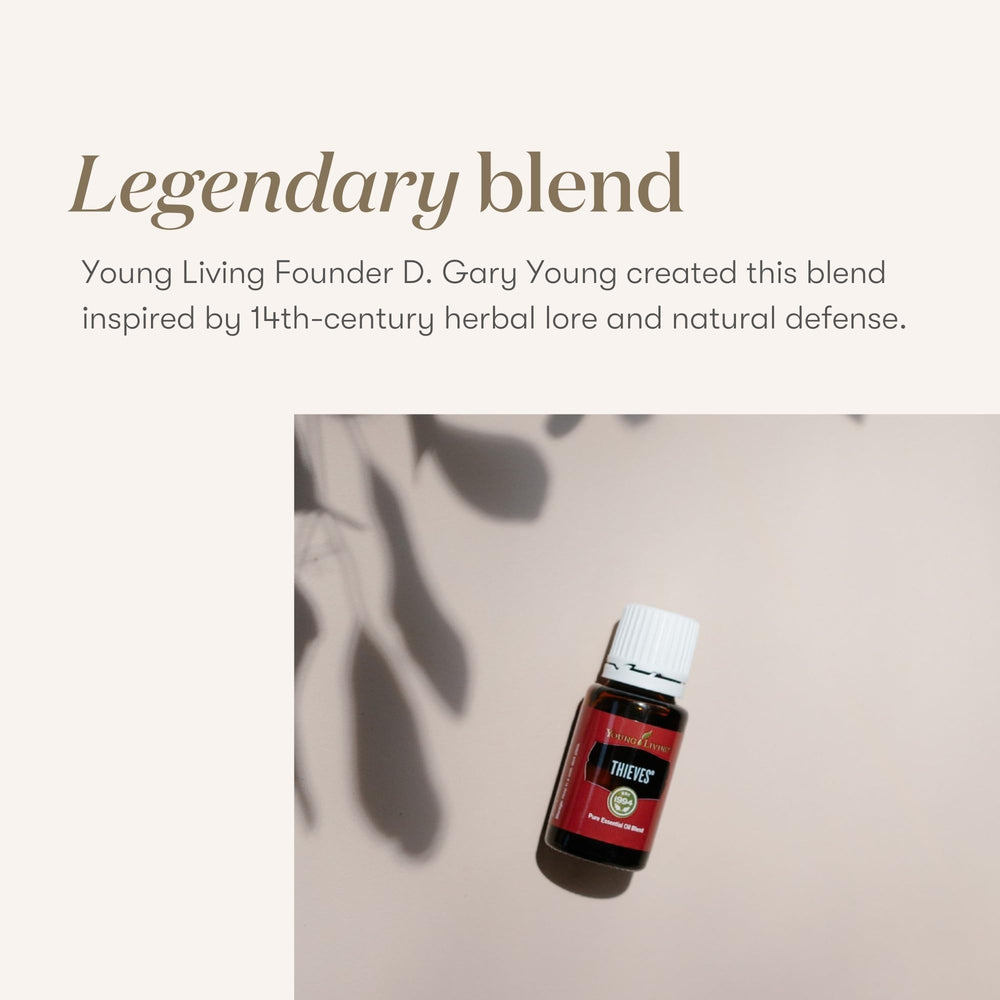 Close up of Thieves 5ml essential oil label