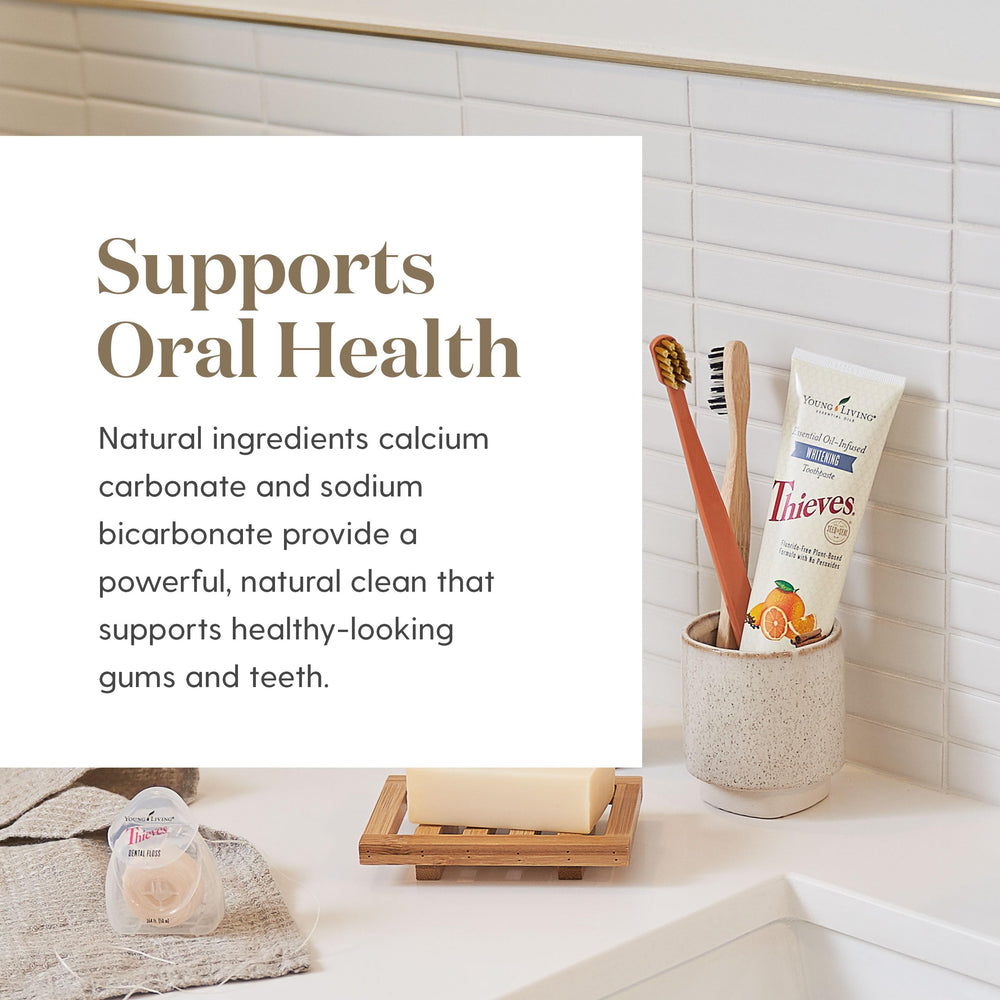 Illustrative imagery of essential oils for Thieves AromaBright Toothpaste
