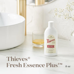 Close-up of Thieves Fresh Essence Mouthwash label