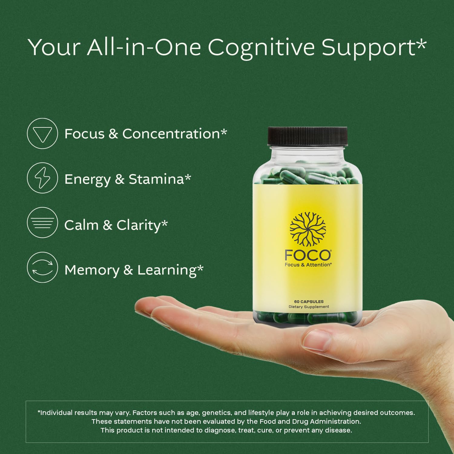 Close-up of Think FOCO ingredients: Huperzine-A, L-Theanine, L-Tyrosine