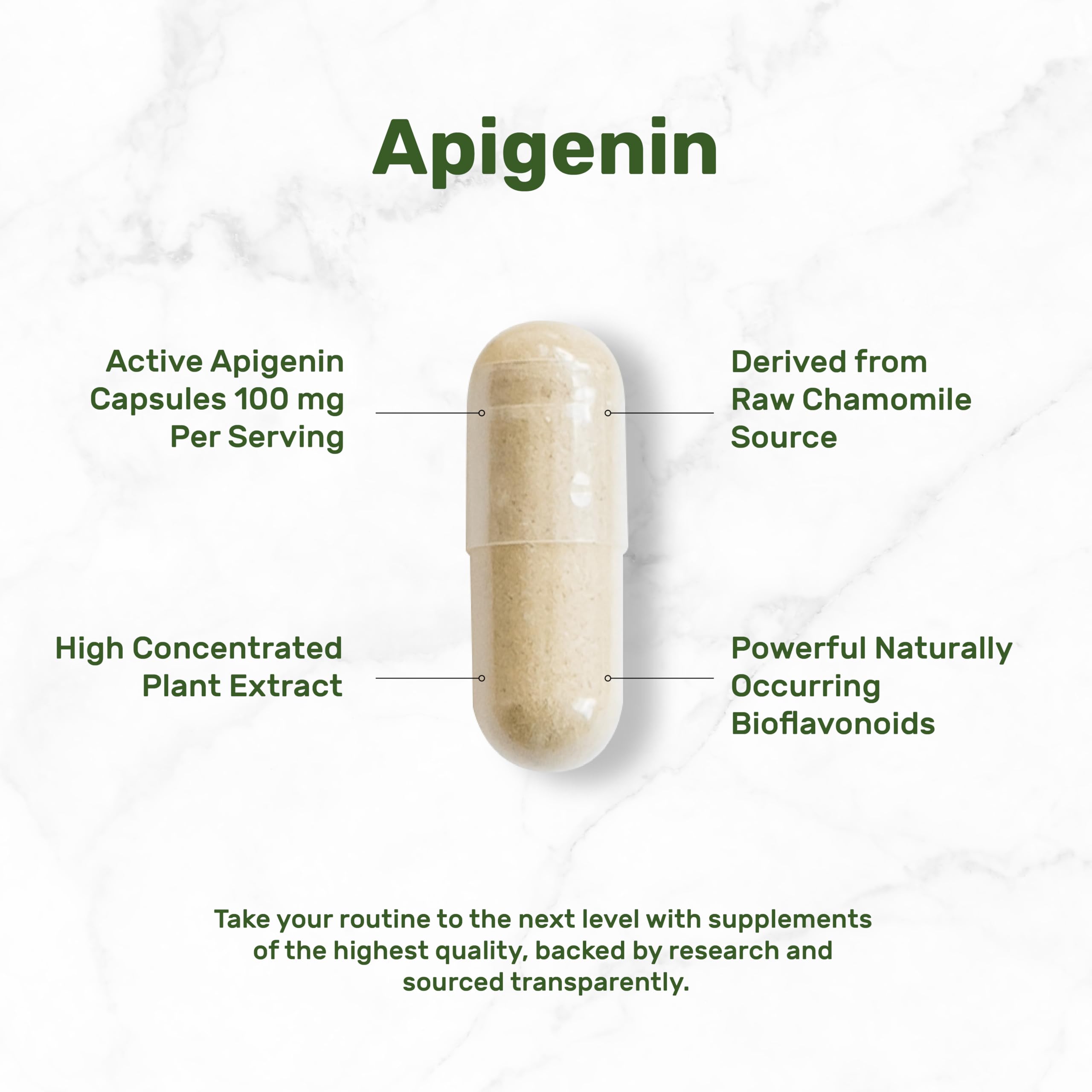 Third-party lab test badge on apigenin chamomile supplement label
