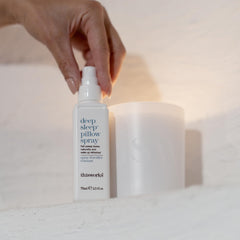 Bedroom scene showing bedtime routine with pillow spray