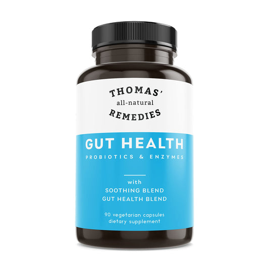 Bottle of Thomas' all-natural gut health formula with digestive enzymes and probiotics
