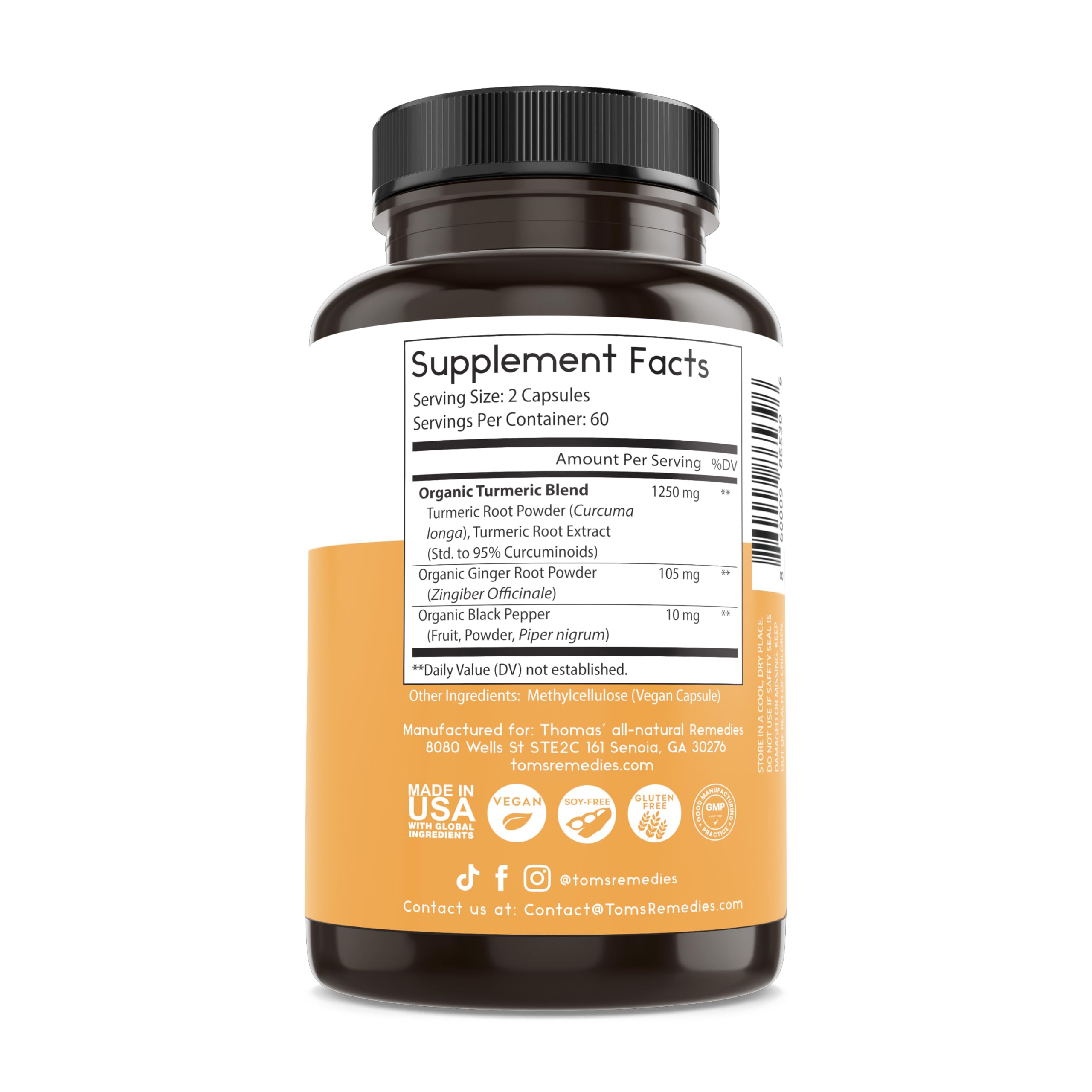 Label highlighting organic turmeric, ginger, black pepper and gluten-free