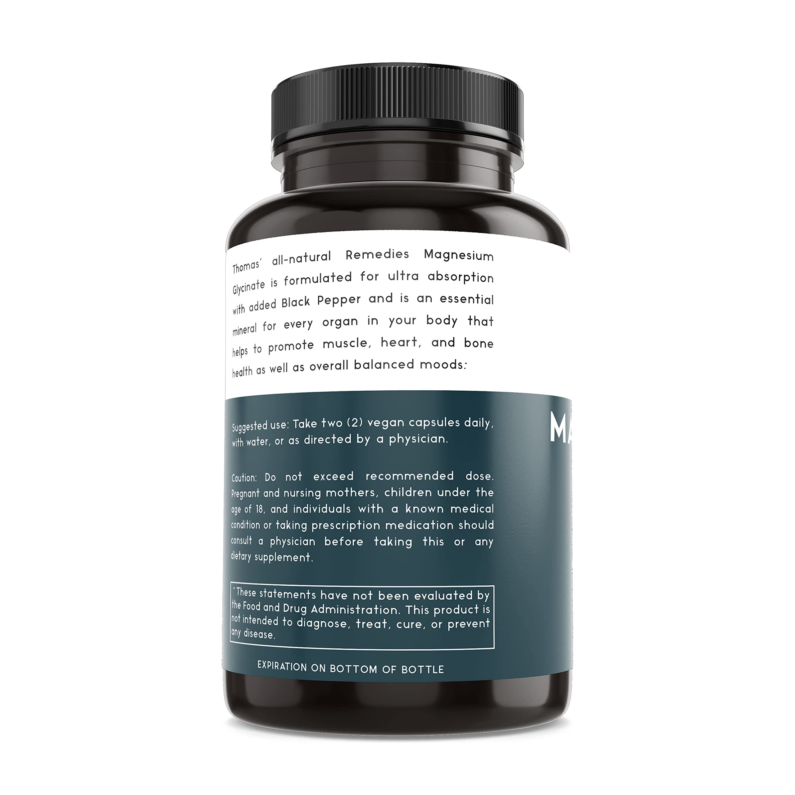 Nutrition facts panel of magnesium glycinate bottle