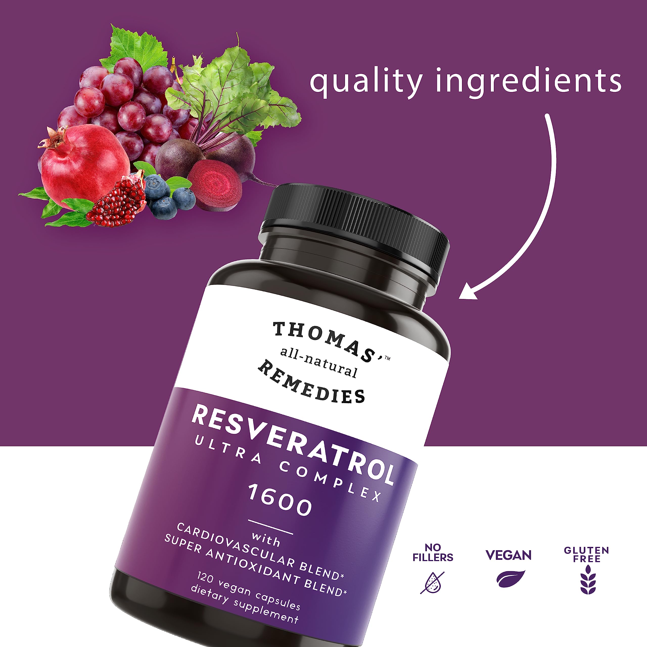 Front label showing Organic Trans-Resveratrol and 120 capsules
