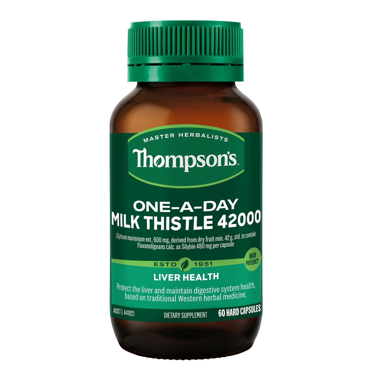 60-capsule bottle of Thompsons Milk Thistle on white background