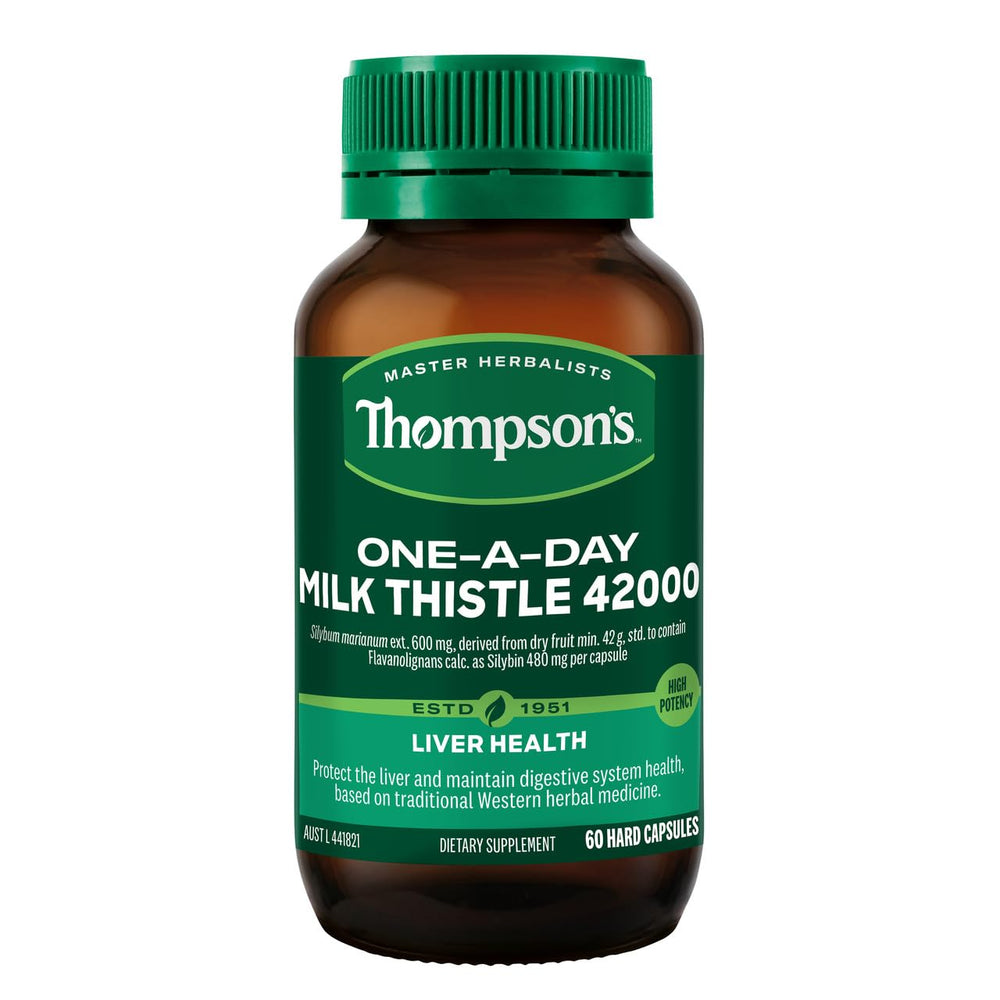 60-capsule bottle of Thompsons Milk Thistle on white background